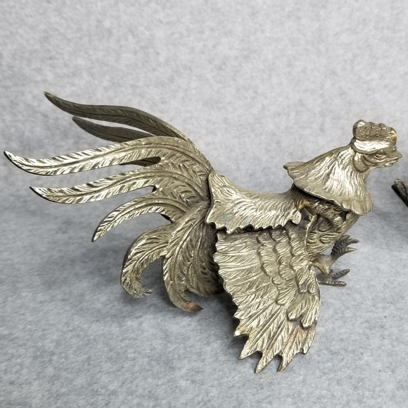 Pair Fighting Gamecock Roosters Vintage Italian Brass Figurines Made in Italy - Picture 6 of 17